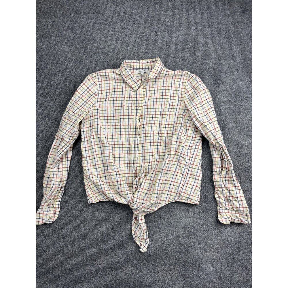 Madewell Shirt Womens Medium White Multicolor Plaid Button Down Tie Front Cotton